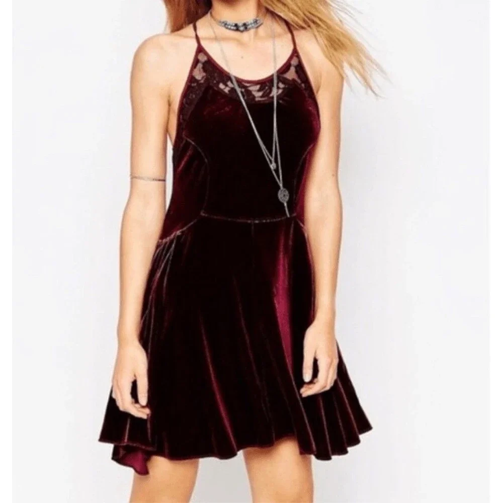 Free People Velvet Mini Dress Womens XS Cami Slip Dress Burgundy Red Floral Lace